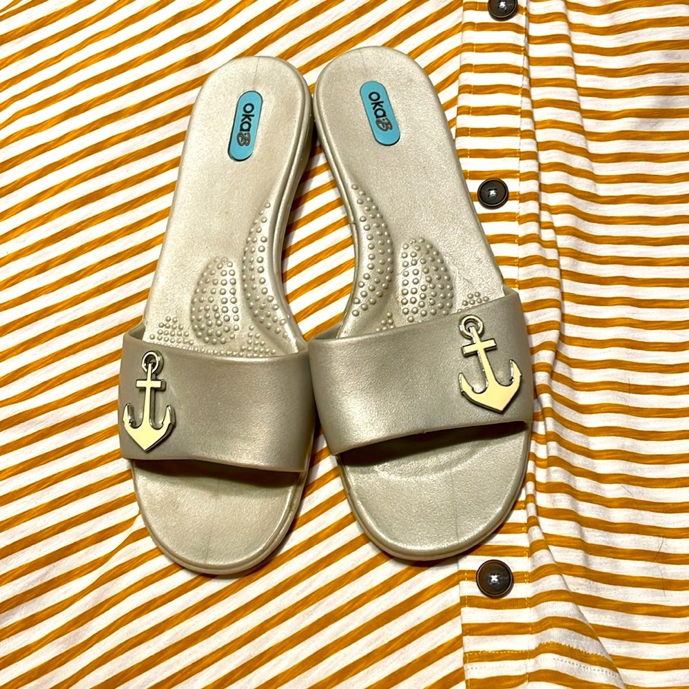 OkaB Grace Slide Sandals with Anchor embellishment